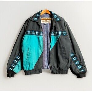 Vintage Western Frontier Turquoise Aztec Southwest Blanket Lined Jacket Medium